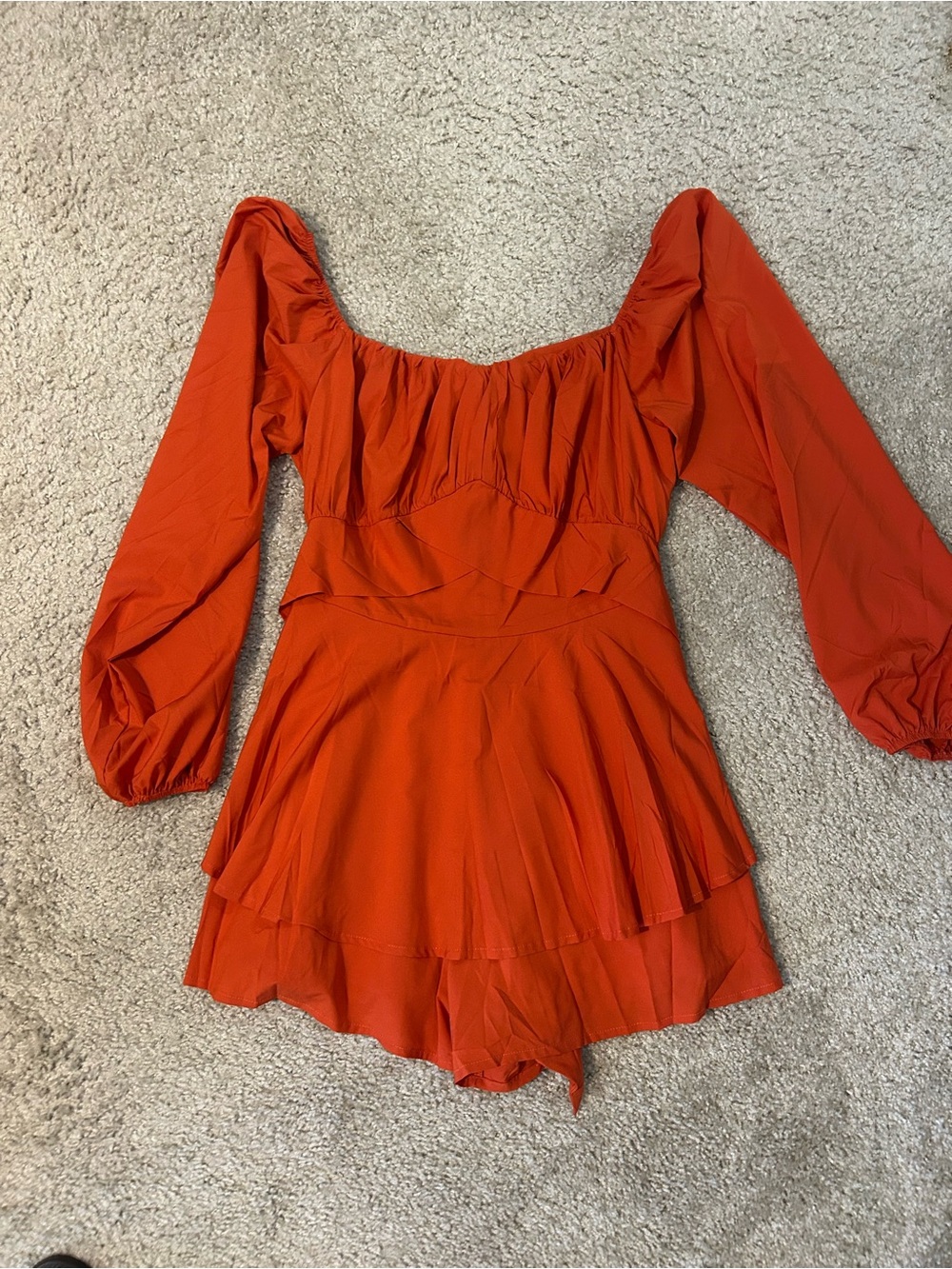 Rust Red Off-Shoulder Tiered Romper